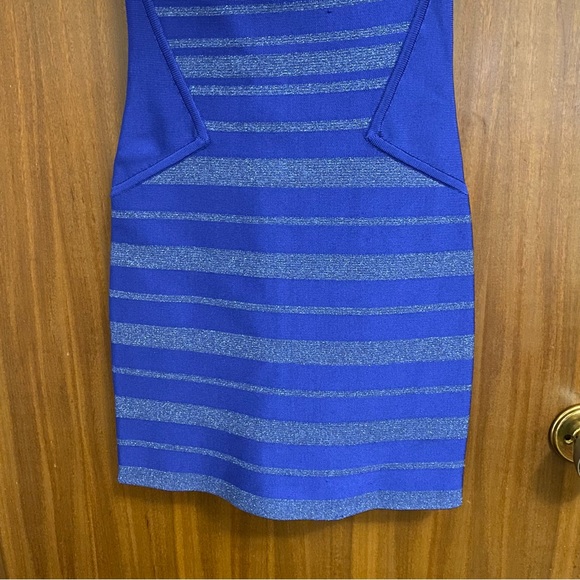 Marciano by Guess Blue Shimmer Strapless Tube Striped Bodycon Bandage Mini Dress - Picture 4 of 6
